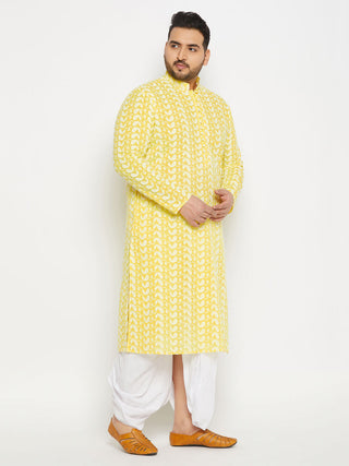 VASTRAMAY Men's Plus Size Mustard Chikankari Embroidered Kurta And White Dhoti Set