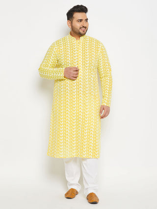 VASTRAMAY Men's Plus Size Mustard Chikankari Embroidered Kurta And White Cotton Pant Style Pyjama Set