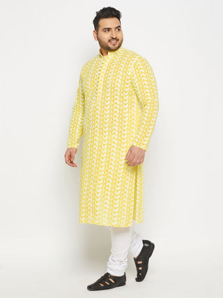 VASTRAMAY Men's Plus Size Mustard Chikankari Embroidered Kurta And White Pyjama Set