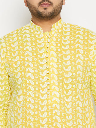 VASTRAMAY Men's Plus Size Mustard Chikankari Embroidered Kurta And White Pyjama Set