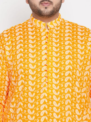 VASTRAMAY Men's Plus Size Orange Chikankari Embroidered Kurta And White Dhoti Set