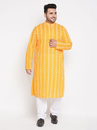 VASTRAMAY Men's Plus Size Orange Chikankari Embroidered Kurta And White Pyjama Set