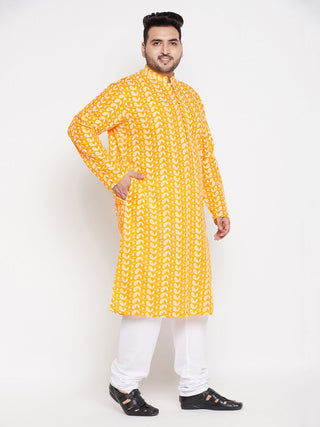 VASTRAMAY Men's Plus Size Orange Chikankari Embroidered Kurta And White Pyjama Set