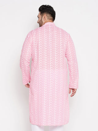 VASTRAMAY Men's Plus Size Pink Chikankari Embroidered Kurta