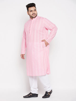 VASTRAMAY Men's Plus Size Pink Chikankari Embroidered Kurta And White Pyjama Set