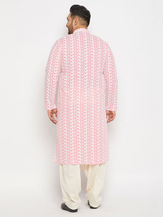 VASTRAMAY Men's Plus Size Pink Chikankari Embroidered Kurta And Cream Patiala Set