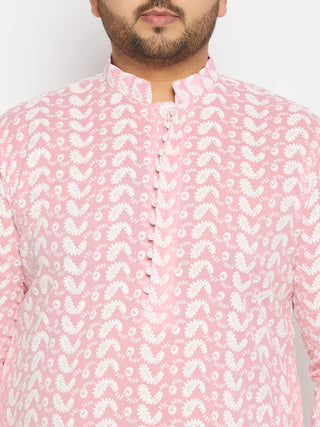 VASTRAMAY Men's Plus Size Pink Chikankari Embroidered Kurta And Cream Patiala Set