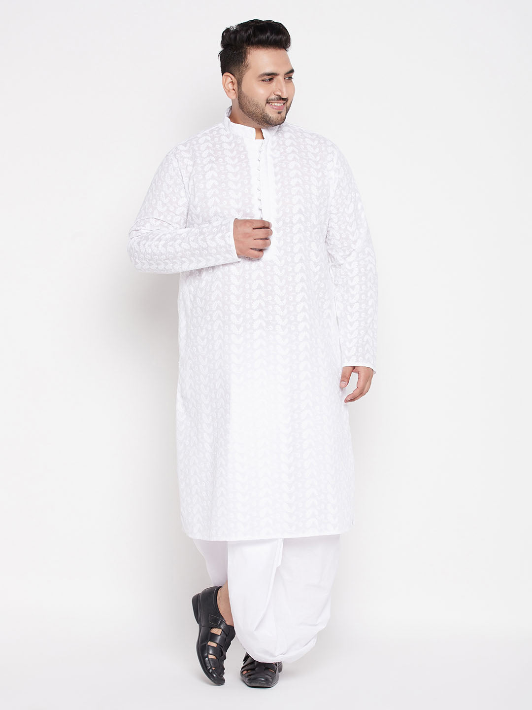Men's Plus Size White Chikankari Embroidered Kurta And Dhoti Set