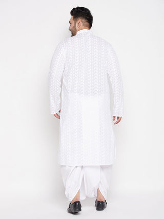 VASTRAMAY Men's Plus Size White Chikankari Embroidered Kurta And Dhoti Set