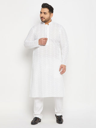 VASTRAMAY Men's Plus Size White Chikankari Embroidered Kurta And White Cotton Pant Style Pyjama Set