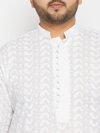 VASTRAMAY Men's Plus Size White Chikankari Embroidered Kurta And White Cotton Pant Style Pyjama Set