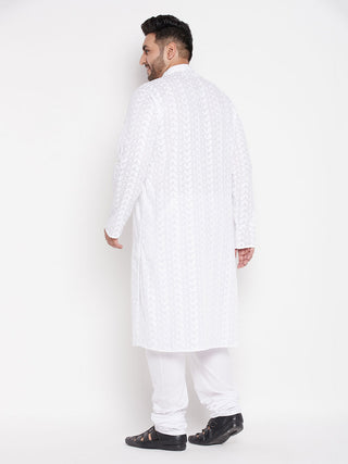 VASTRAMAY Men's Plus Size White Chikankari Embroidered Kurta And White Pyjama Set