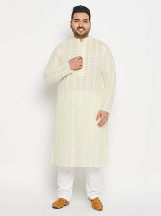 VASTRAMAY Men's Plus Size Yellow Chikankari Embroidered Kurta And White Cotton Pant Style Pyjama Set