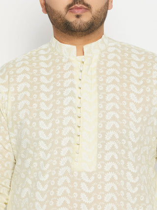VASTRAMAY Men's Plus Size Yellow Chikankari Embroidered Kurta And White Pyjama Set
