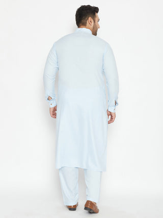 VASTRAMAY Men's Plus Size Aqua Blue Cotton Blend Pathani Set