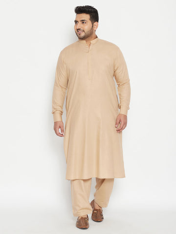 VASTRAMAY Men's Plus Size Light Brown Cotton Blend Pathani Set
