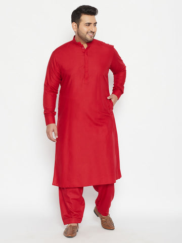 VASTRAMAY Men's Plus Size Maroon Cotton Blend Pathani Set