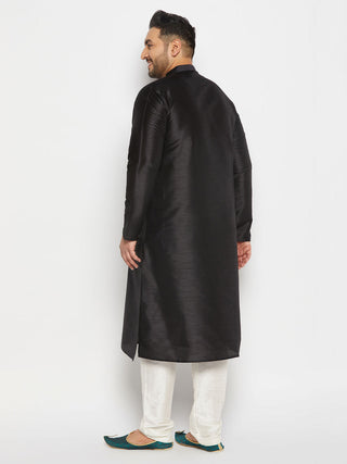 VASTRAMAY Men's Plus Size  Black Silk Blend Kurta and Cream Pant Style Pyjama Set