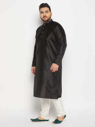 VASTRAMAY Men's Plus Size  Black Silk Blend Kurta and Cream Pant Style Pyjama Set