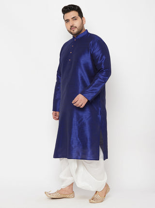 VASTRAMAY Men's Plus Size Dark Blue Silk Blend Kurta And White Dhoti Set
