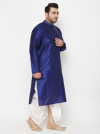 VASTRAMAY Men's Plus Size Dark Blue Silk Blend Kurta And White Dhoti Set