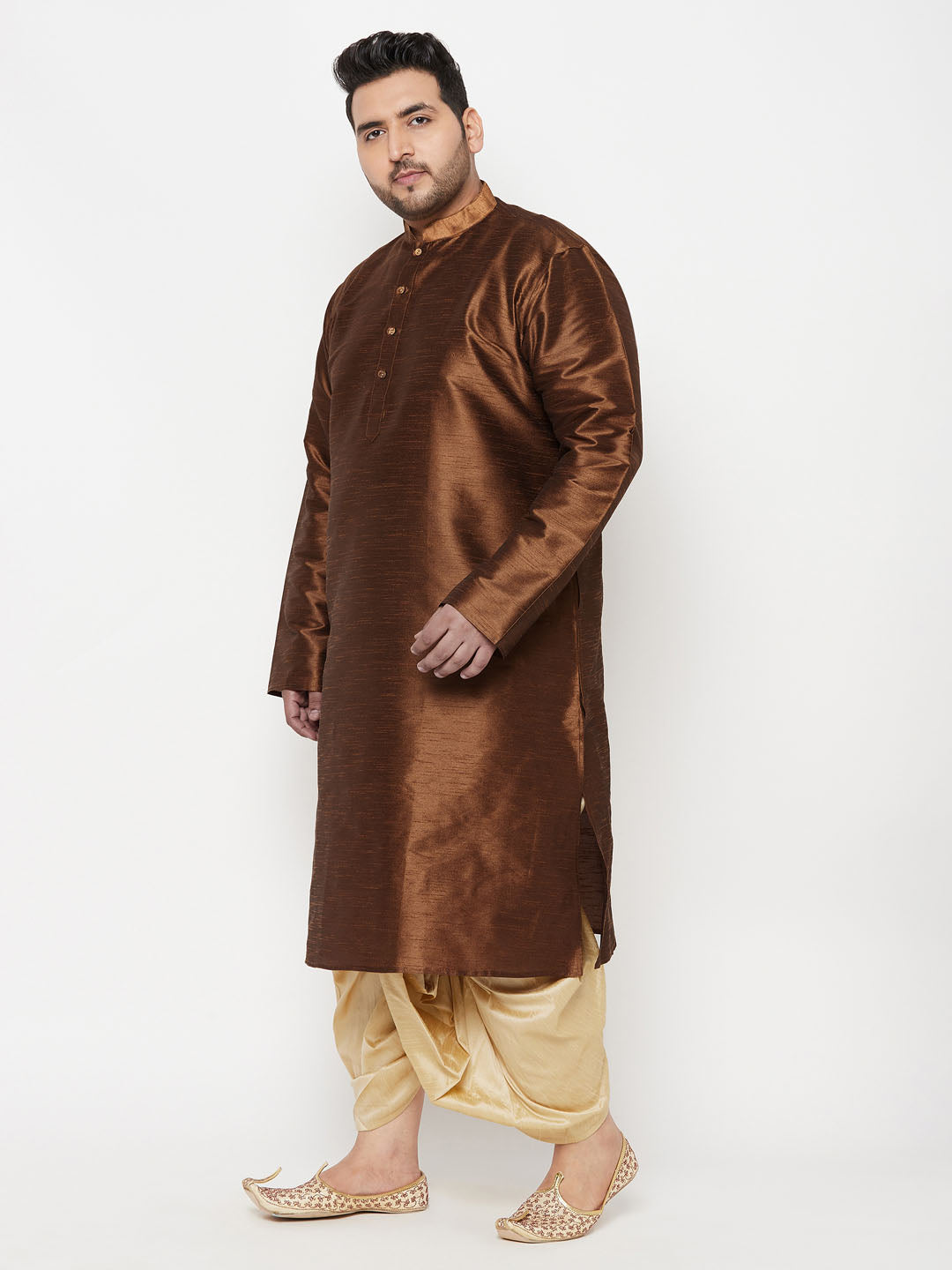 Men's Plus Size Coffee Silk Blend Kurta And Gold Dhoti Set