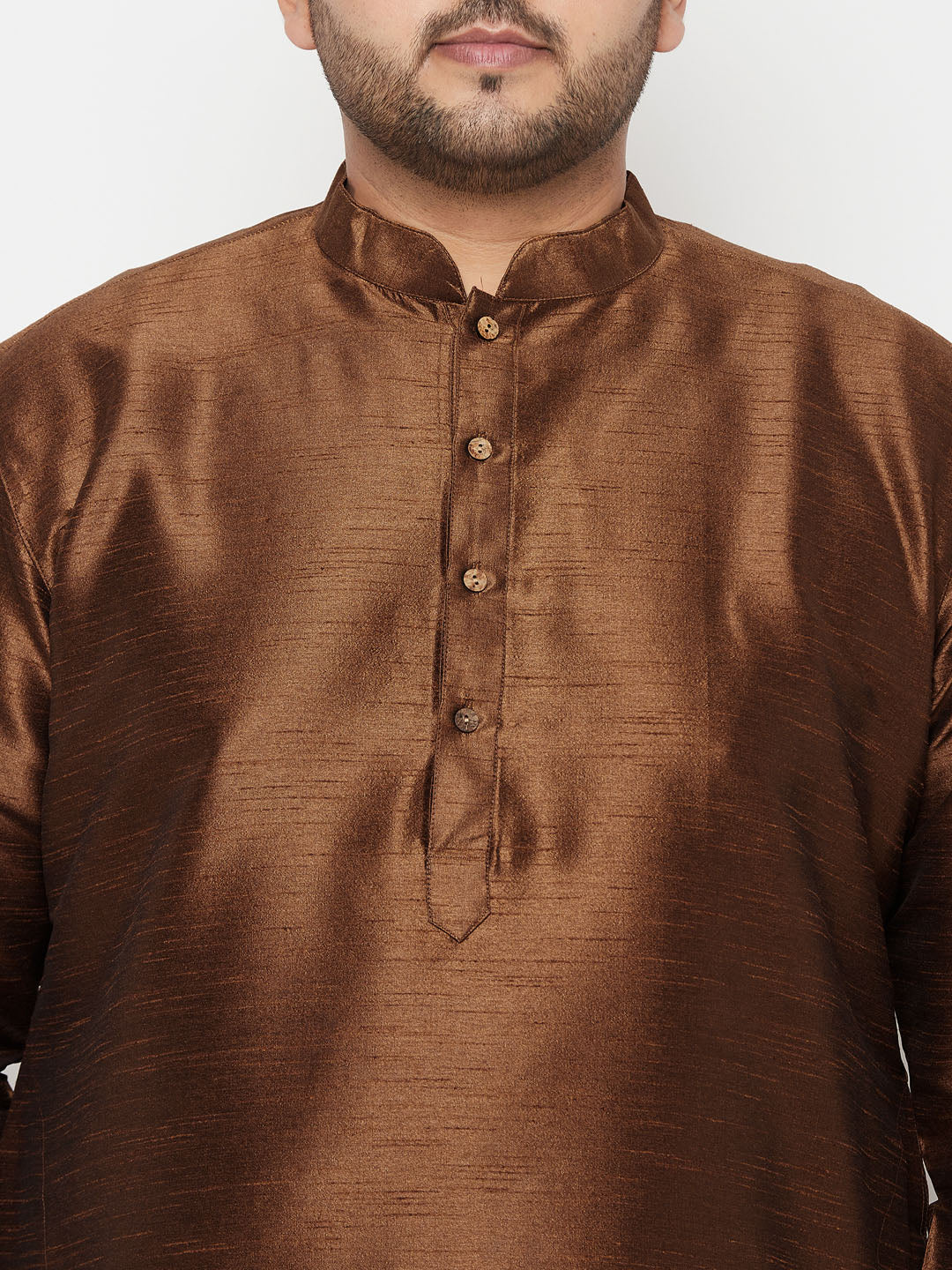 Men's Plus Size Coffee Silk Blend Kurta And Gold Dhoti Set