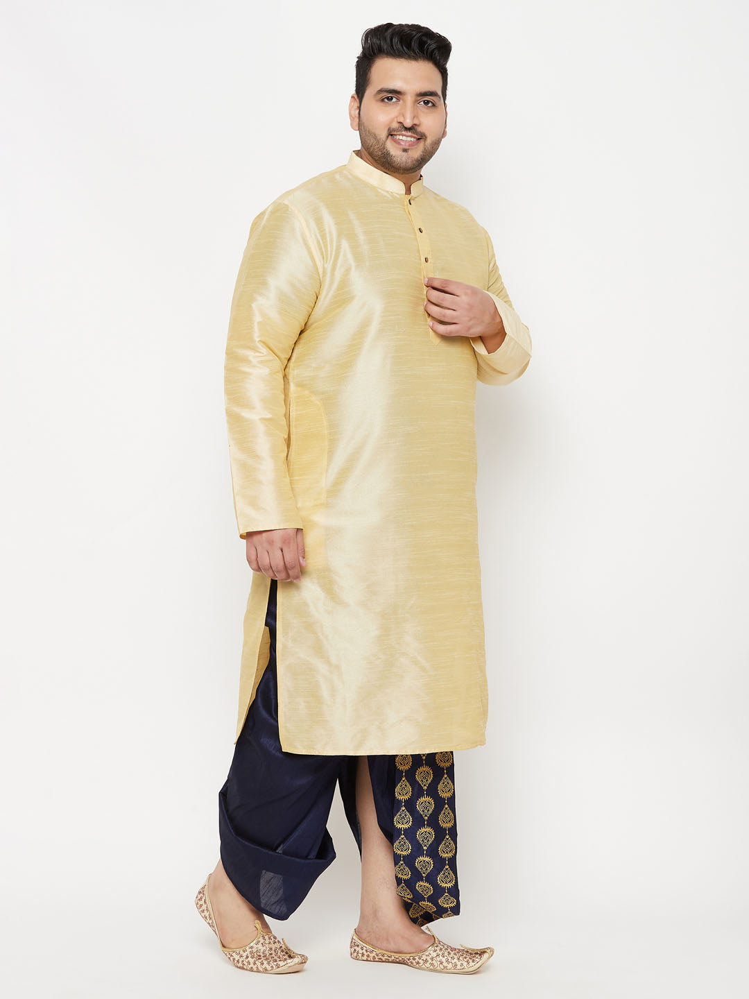 Men's Plus Size Gold Silk Blend Kurta And Navy Blue Dhoti Set