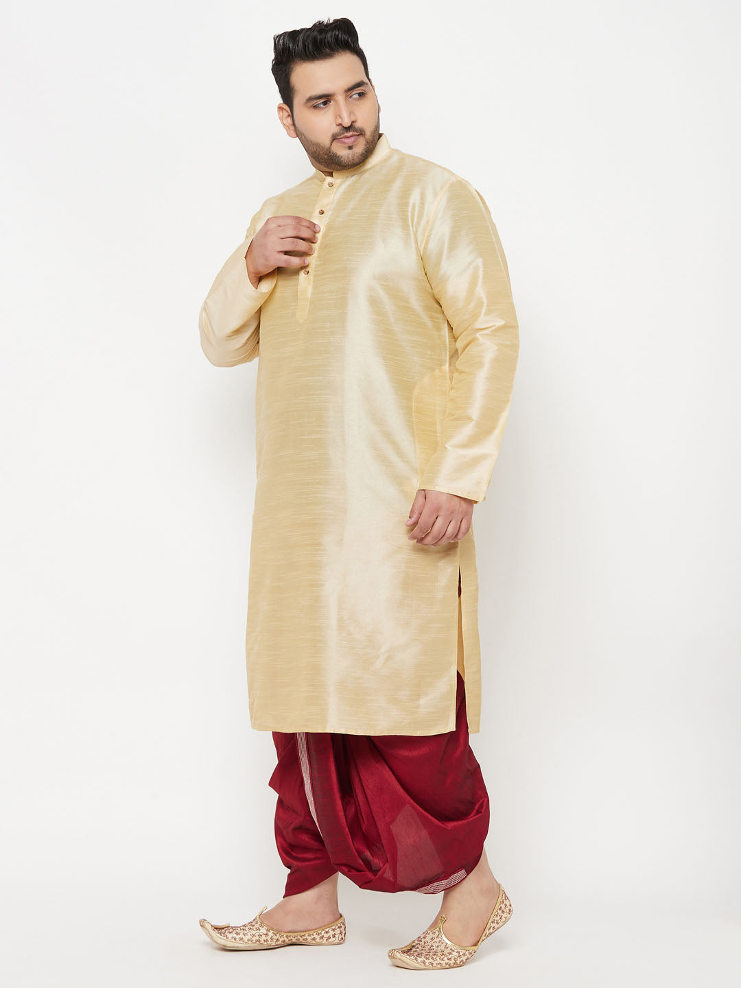 Men's Plus Size Gold Silk Blend Kurta And Maroon Dhoti Set