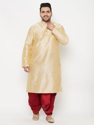 VASTRAMAY Men's Plus Size Gold Silk Blend Kurta And Maroon Solid Dhoti Set