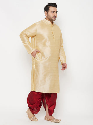 VASTRAMAY Men's Plus Size Gold Silk Blend Kurta And Maroon Solid Dhoti Set