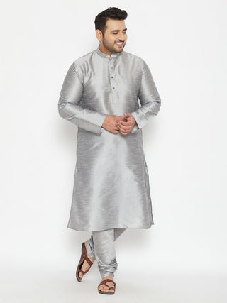 VASTRAMAY Men's Plus Size Grey Silk Blend Kurta Pyjama Set
