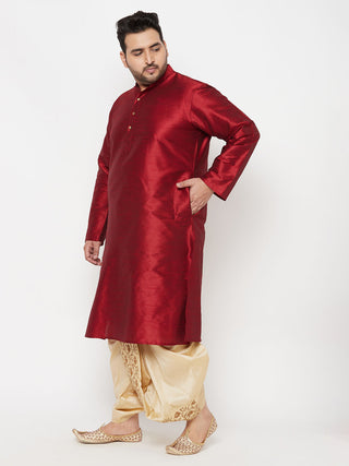 VASTRAMAY Men's Plus Size Maroon Silk Blend Kurta And Gold Dhoti Set