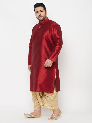 VASTRAMAY Men's Plus Size Maroon Silk Blend Kurta And Gold Dhoti Set