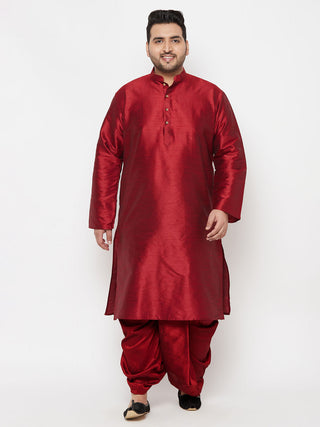 VASTRAMAY Men's Plus Size Maron Silk Blend Kurta And Maroon Solid Dhoti Set