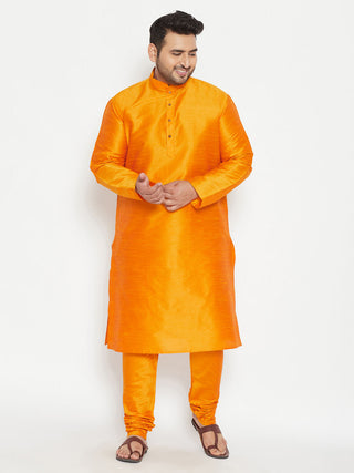 VASTRAMAY Men's Plus Size Orange Silk Blend Kurta Pyjama Set
