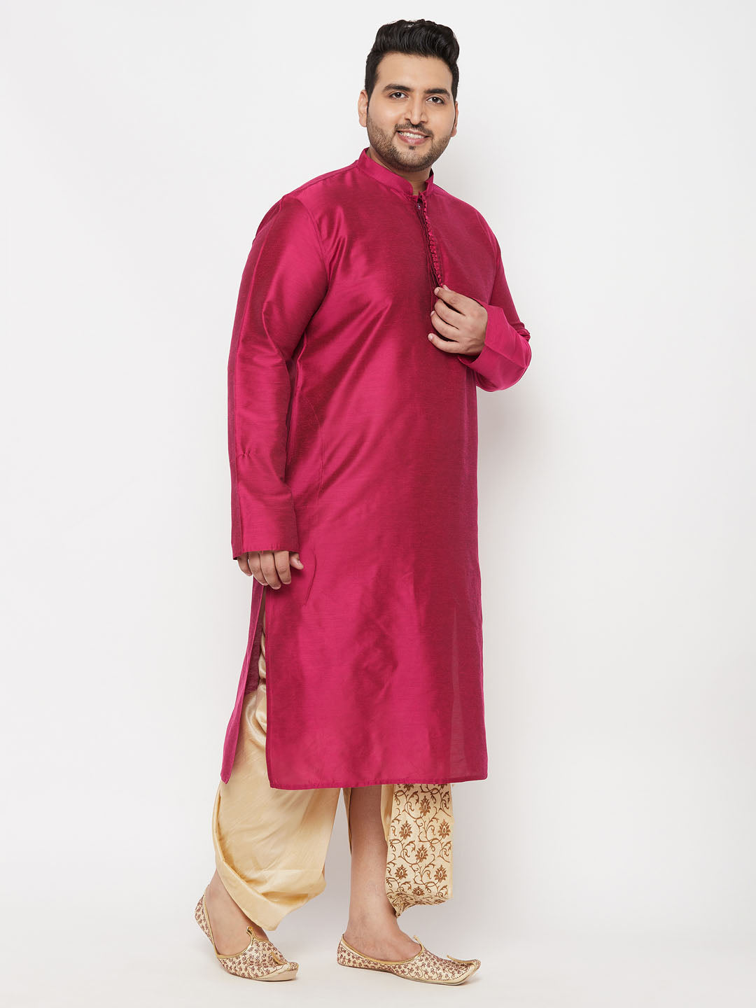 Men's Plus Size Fuchsia Silk Blend Kurta And Gold Dhoti Set