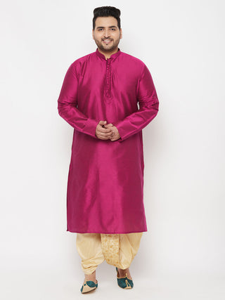 VASTRAMAY Men's Plus Size Fuchsia Silk Blend Kurta And Gold Dhoti Set