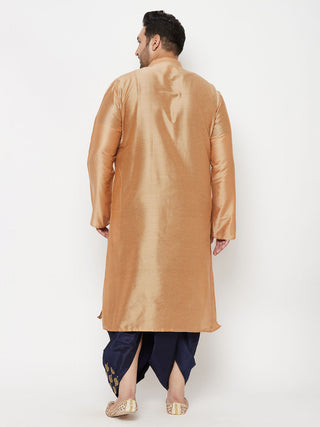 VASTRAMAY Men's Plus Size Viscose Rose Gold Silk Blend Kurta And Navy Blue Dhoti Set