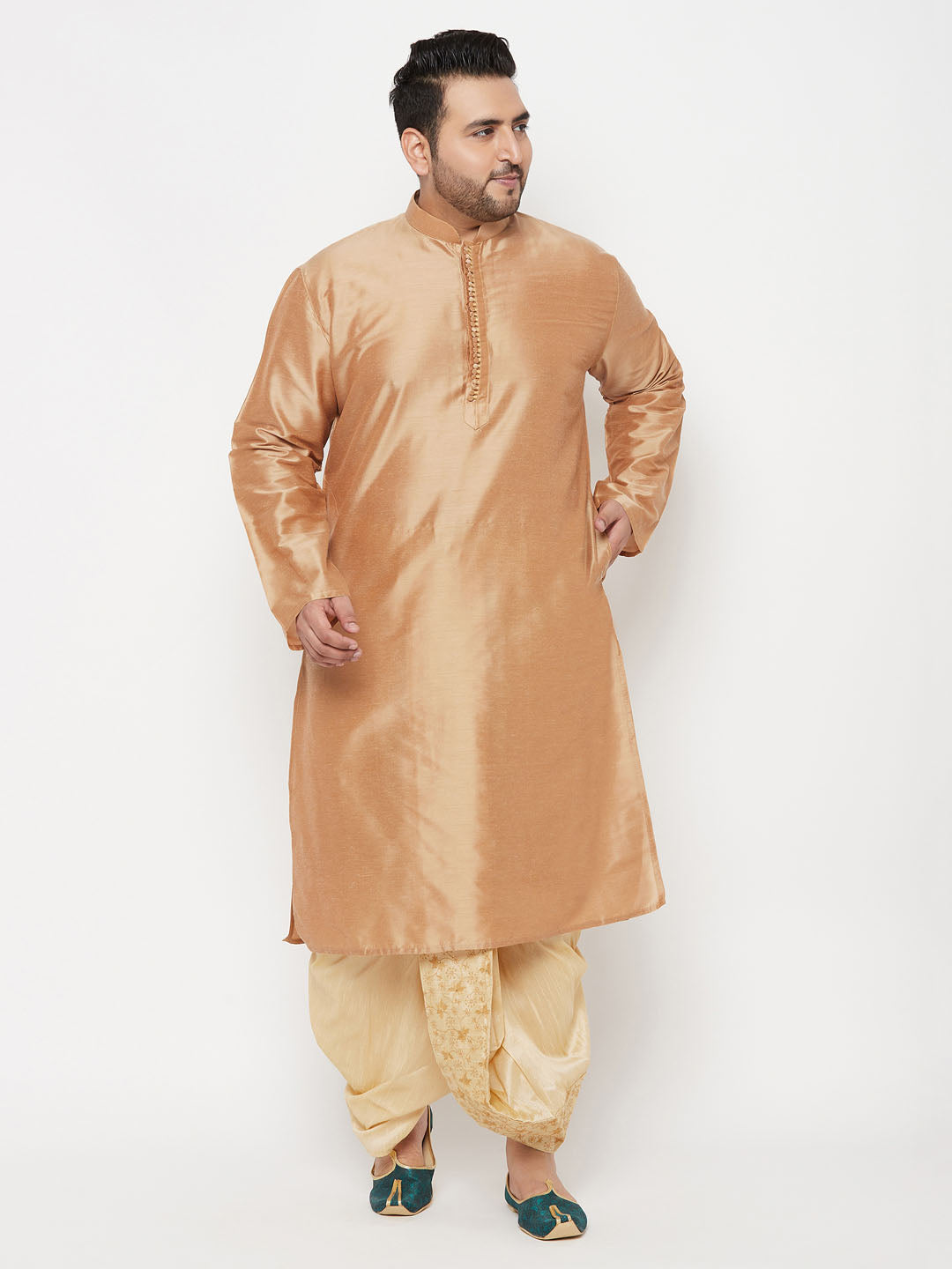 Men's Plus Size Rose Gold Silk Blend Kurta And Gold Dhoti Set