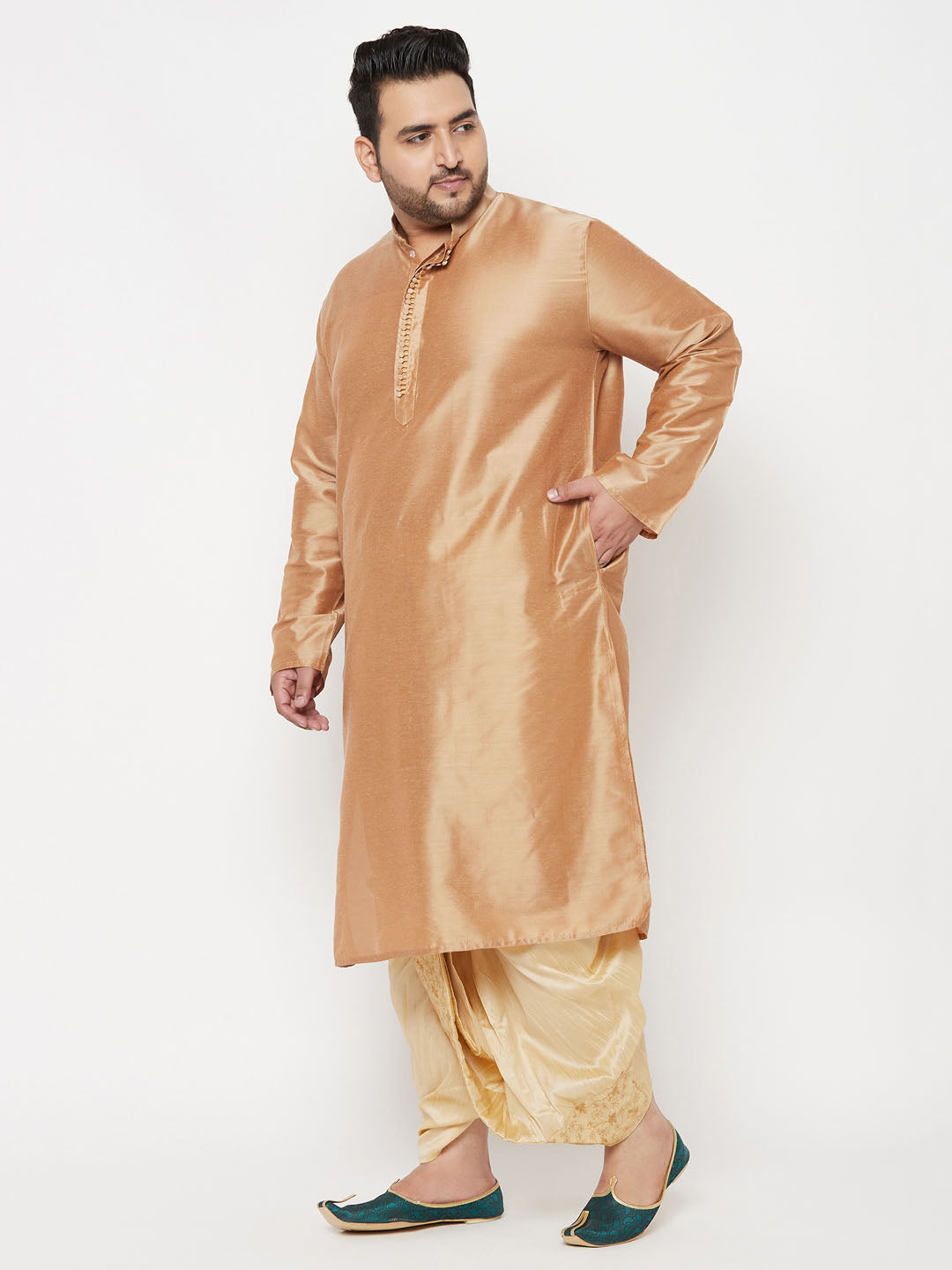 Men's Plus Size Rose Gold Silk Blend Kurta And Gold Dhoti Set