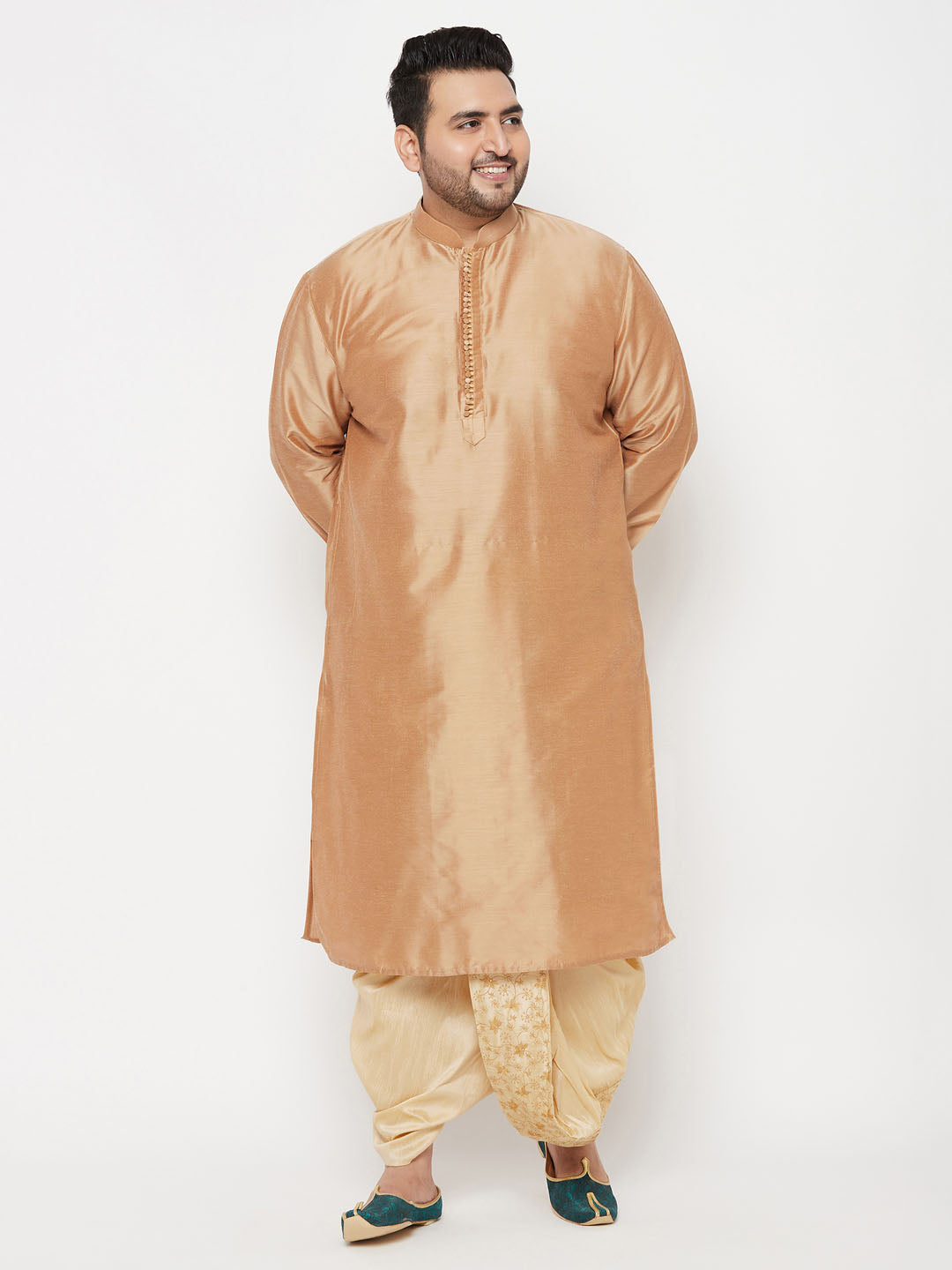 Men's Plus Size Rose Gold Silk Blend Kurta And Gold Dhoti Set