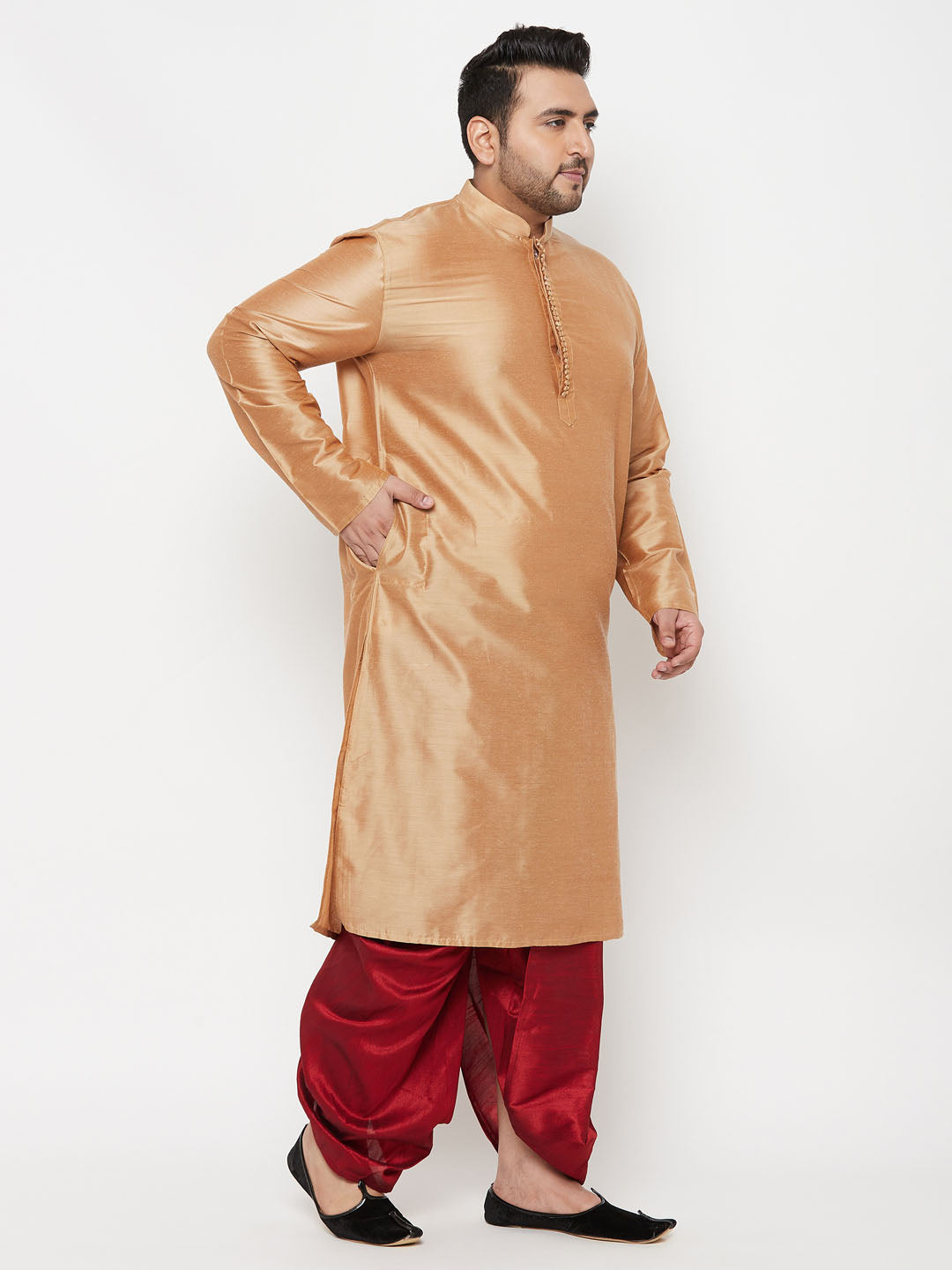 Men's Plus Size Rose Gold Silk Blend Kurta And Maroon Solid Dhoti Set