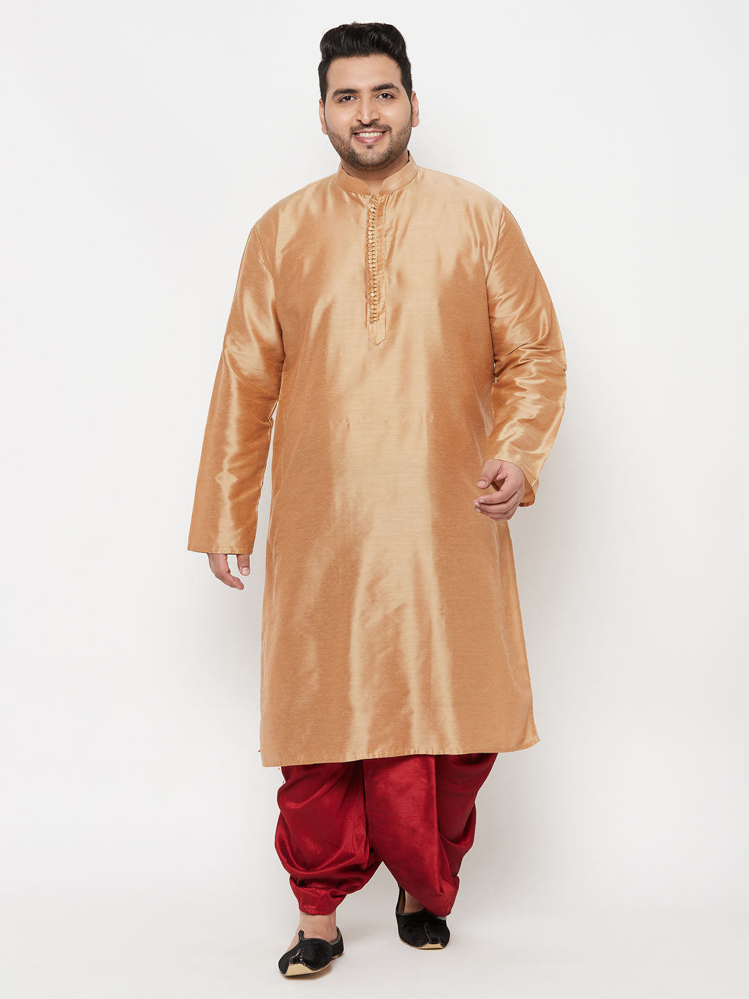 Men's Plus Size Rose Gold Silk Blend Kurta And Maroon Solid Dhoti Set