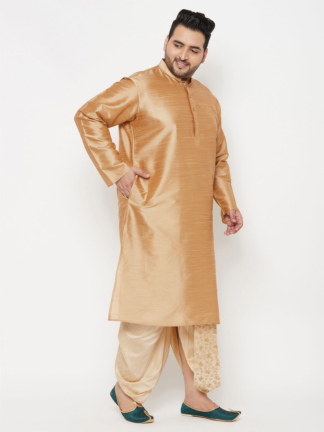 Men's Plus Size Rose Gold Silk Blend Kurta And Gold Dhoti Set