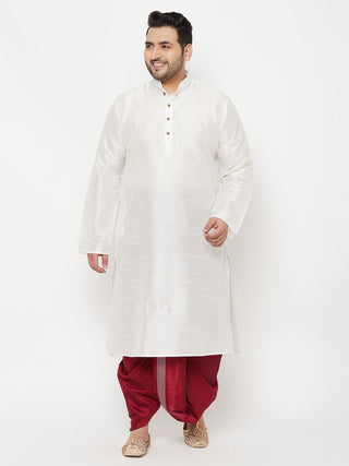 VASTRAMAY Men's Plus Size White Silk Blend Kurta And Maroon Dhoti Set