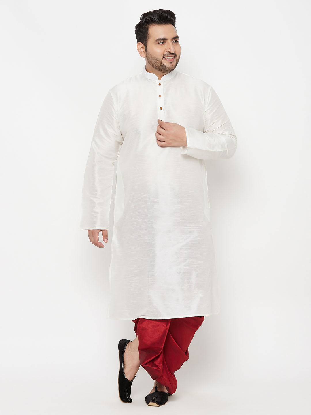 Men's Plus Size White Silk Blend Kurta And Maroon Solid Dhoti Set