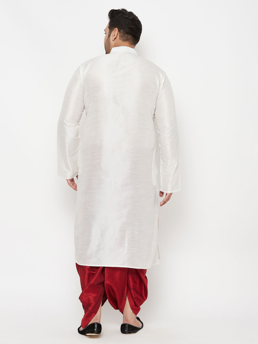 Men's Plus Size White Silk Blend Kurta And Maroon Solid Dhoti Set