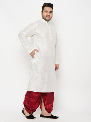 VASTRAMAY Men's Plus Size White Silk Blend Kurta And Maroon Solid Dhoti Set
