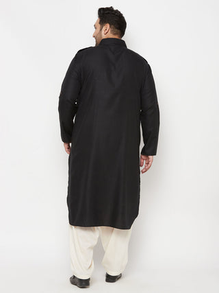 VASTRAMAY Men's Plus Size Black and Cream Cotton Blend Pathani Set
